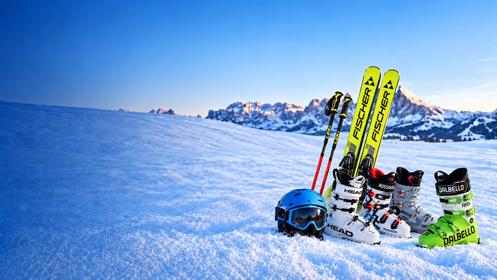 Sci, bastoncini, scarponi e casco con maschera sulla neve